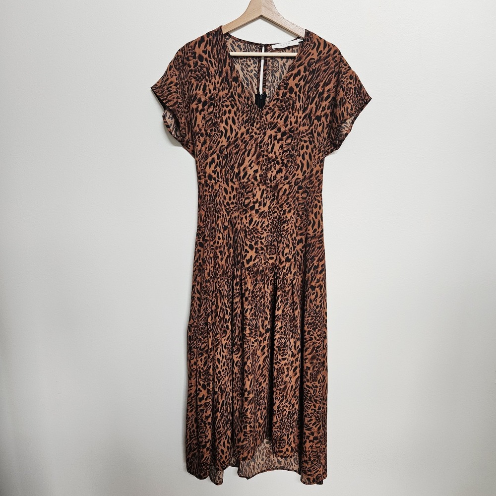 ASTR The Label Womens Cap-Sleeve Leopard-Print Dress Knee Length Brown Small